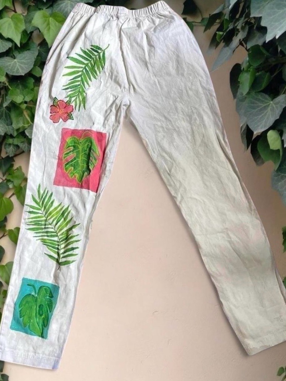 Free People White Cotton Skinny Pants with Tropical Leaf Prints